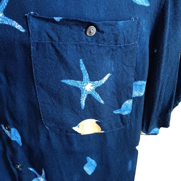 Vintage Mens Hawaiian Shirt Medium Rayon Starfish 1990's Georg Roth Germany Blue - Picture 5 of 7